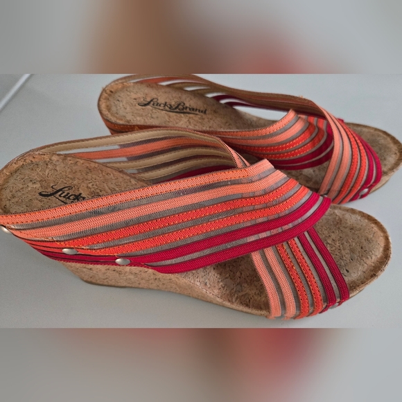 Lucky Brand Cork Wedge Sandals Strappy Boho Slides Size 7.5 8 Multicolor Orange - Picture 3 of 8